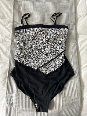 Black & White Floral One-Piece Swimsuit with Beaded Straps
